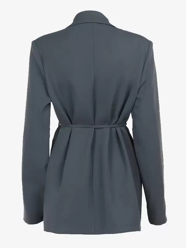 Flower Blazer Damen – Grau mit Bindegürtel & Blumen-Detail