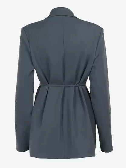 Flower Blazer Damen – Grau mit Bindegürtel & Blumen-Detail