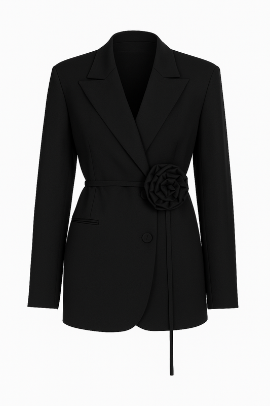 Flower Blazer Damen – Schwarz mit Bindegürtel & Blumen-Detail