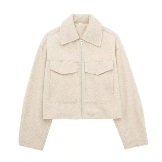 La Grise Élégance - 
Wolljacke mit Reißverschluss und Brusttaschen