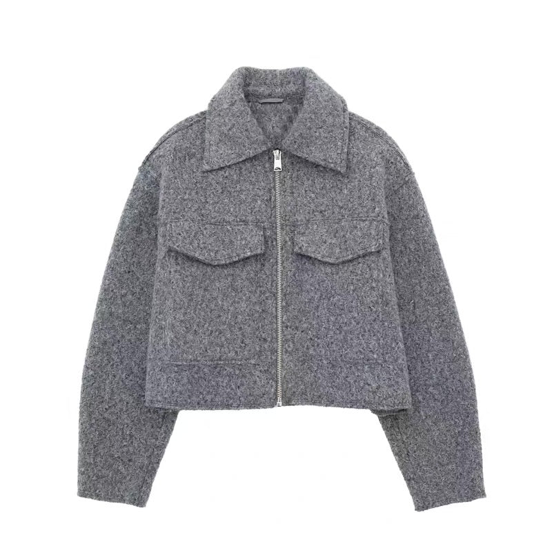 La Grise Élégance - Wolljacke mit Reißverschluss und Brusttaschen