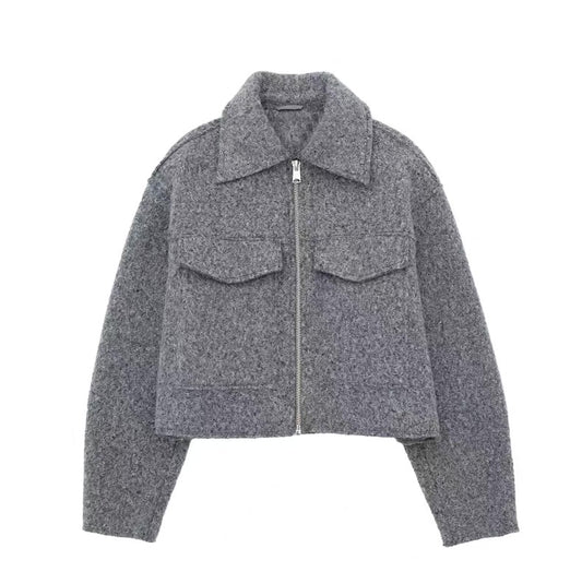 La Grise Élégance - Wolljacke mit Reißverschluss und Brusttaschen