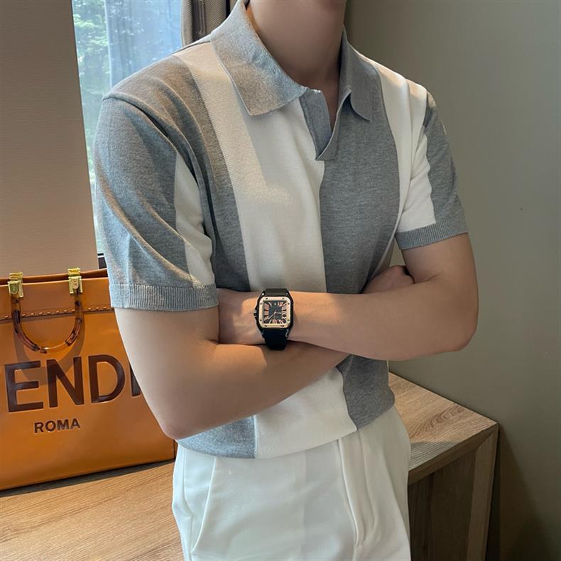 "Chic de Soie" - Poloshirts aus Eisseide gestreift Revers Slim Fit